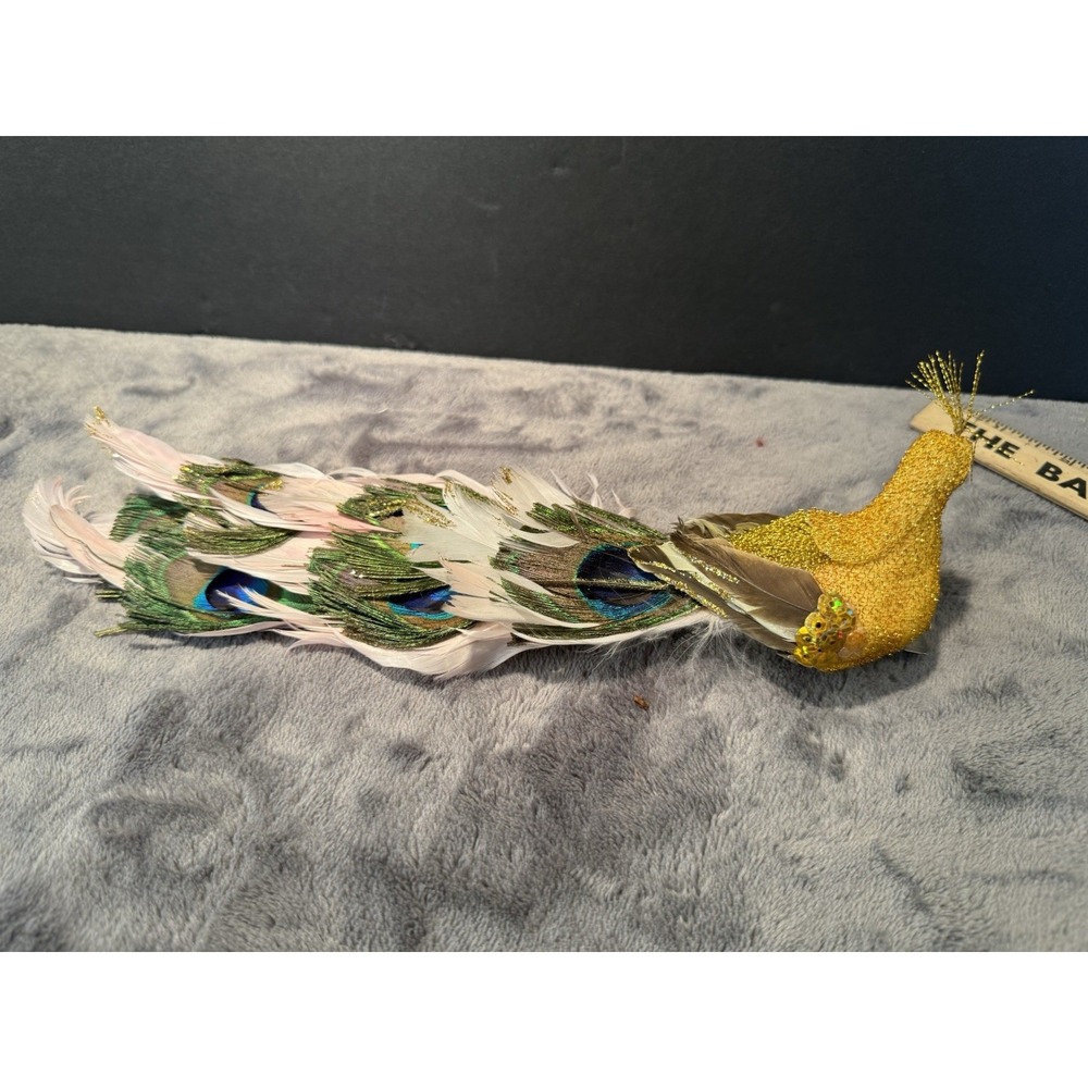 Vintage Gold Pinkish Peacock Real Feathers Clip On Christmas holiday ornament - Picture 5 of 11